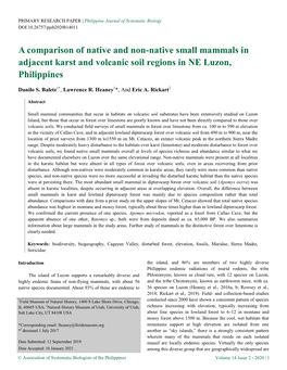 A Comparison of Native and Non-Native Small Mammals in Adjacent Karst and Volcanic Soil Regions in NE Luzon, Philippines