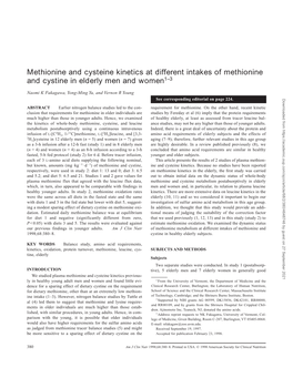Methionine and Cysteine Kinetics at Different Intakes of Methionine and Cystine in Elderly Men and Women1–3