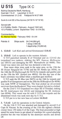 U 515 Type IX C Built by Deutsche Werft, Hamburg Keel Laid 7.5.41 Launched 2.12.41 Commissioned 21.2.42 Feldpost Nr M 27 988