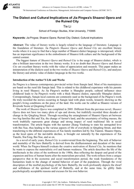 The Dialect and Cultural Implications of Jia Pingwa's Shaanxi Opera and the Ruined City Tie Li School of Foreign Studies, Xi'an University, 710065