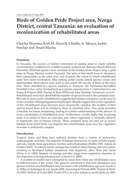 Birds of Golden Pride Project Area, Nzega District, Central Tanzania: an Evaluation of Recolonization of Rehabilitated Areas