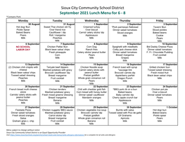 Sioux City Community School District 6-8 Lunch Menu for September 2021