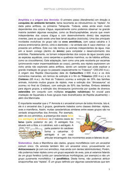 REPTILIA: LEPIDOSAUROMORPHA 1 Amphibia E a Origem Dos Amniota: O Primeiro Passo (Literalmente) Em Direção À Conquista Do Ambi