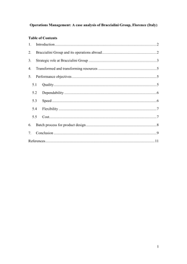 1 Operations Management: a Case Analysis of Braccialini Group, Florence (Italy) Table of Contents 1. Introduction