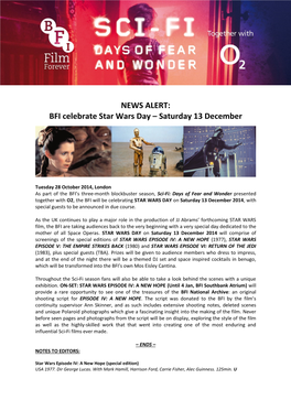 NEWS ALERT: BFI Celebrate Star Wars Day – Saturday 13 December