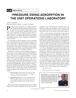 PRESSURE SWING ADSORPTION in the UNIT OPERATIONS LABORATORY Jason C