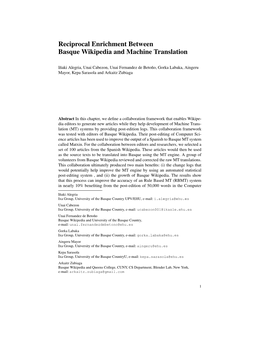 Reciprocal Enrichment Between Basque Wikipedia and Machine Translation