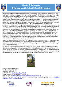 Minster & Katesgrove Neighbourhood Policing Bi-Monthly Newsletter