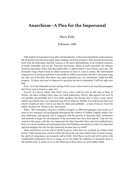 Anarchism—A Plea for the Impersonal