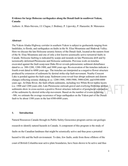 Evidence for Large Holocene Earthquakes Along the Denali Fault in Southwest Yukon, Canada Authors: A