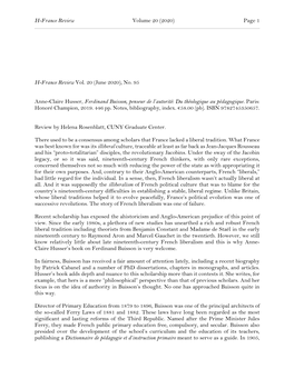 H-France Review Vol. 20 (June 2020), No. 95 Anne-Claire Husser, Ferdinand Buisson, Pense