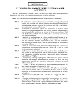 2002 Massachusetts Electrical Code (Amendments)