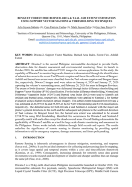 BENGUET FOREST FIRE BURNED AREA & TAAL ASH EXTENT ESTIMATION USING SUPPORT VECTOR MACHINE & THRESHOLDING TECHNIQUES Arlo