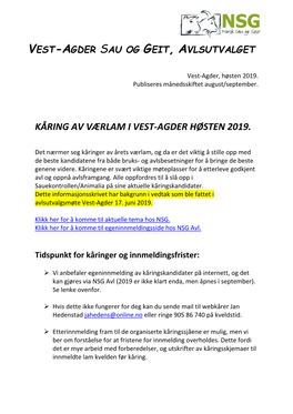 Kåring Av Værlam I Vest-Agder Høsten 2019