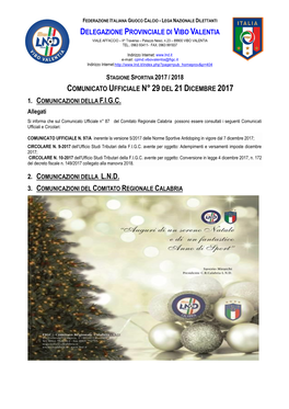 Stagione Sportiva 2017/ 2018 Comunicato Ufficiale N
