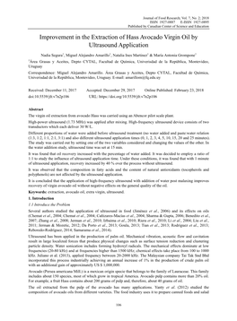 Improvement in the Extraction of Hass Avocado Virgin Oil by Ultrasound Application