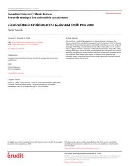 Classical Music Criticism at the Globe and Mail: 1936-2000 Colin Eatock
