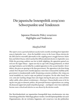 Die Japanische Innenpolitik 2009/2010: Schwerpunkte Und Tendenzen