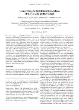 Comprehensive Bioinformatics Analysis of Lncrnas in Gastric Cancer