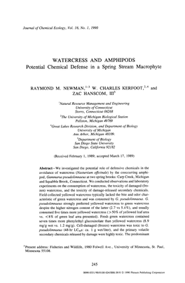 WATERCRESS and AMPHIPODS Potential Chemical Defense in a Spring Stream Macrophyte