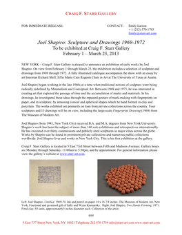 Joel Shapiro: Sculpture and Drawings 1969-1972 to Be Exhibited at Craig F