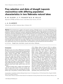 Prey Selection and Diets of Bluegill Lepomis Macrochirus with Differing Population Characteristics in Two Nebraska Natural Lakes