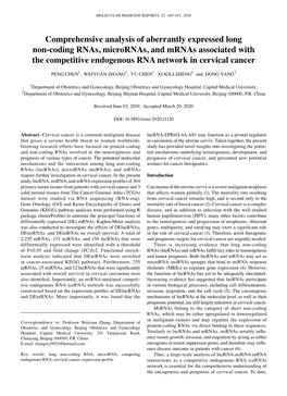 Comprehensive Analysis of Aberrantly Expressed Long Non‑Coding Rnas, Micrornas, and Mrnas Associated with the Competitive Endogenous RNA Network in Cervical Cancer
