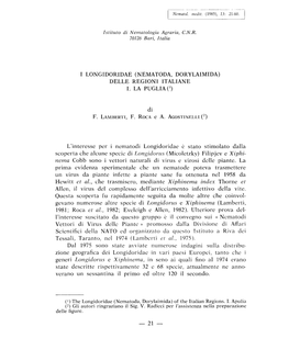 I LONGIDORIDAE (NEMATODA, DORYLAIMIDA) DELLE REGIONI ITALIANE I. LA PUGLIA (') Di L'interesse Per I Nematodi Longidoridae C Stat