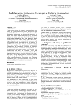 Prefabrication, Sustainable Technique in Building Construction Abhishek K.Taware Akshaya A.Taware Dept