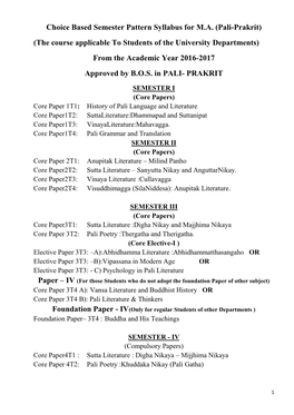 Pali-Prakrit) (The Course Applicable to Students of the University Departments) from the Academic Year 2016-2017 Approved by B.O.S