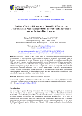 Revision of the Swedish Species of Neoxorides Clément, 1938 (Ichneumonidae: Poemeniinae) with the Description of a New Species and an Illustrated Key to Species