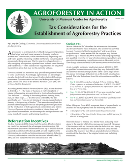 AGROFORESTRY in ACTION University of Missouri Center for Agroforestry AF1004 - 2010 Tax Considerations for the Establishment of Agroforestry Practices by Larry D