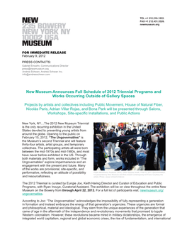 New Museum Announces Full Schedule of 2012 Triennial Programs and Works Occurring Outside of Gallery Spaces