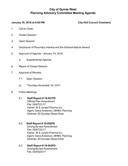 City of Quinte West Planning Advisory Committee Meeting Agenda