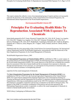 Principles for Evaluating Health Risks to Reproduction Associated with Exposure to C...Page 1 of 141