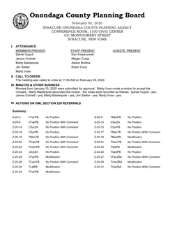 Onondaga County Planning Board February 05, 2020 SYRACUSE-ONONDAGA COUNTY PLANNING AGENCY CONFERENCE ROOM, 1100 CIVIC CENTER 421 MONTGOMERY STREET SYRACUSE, NEW YORK