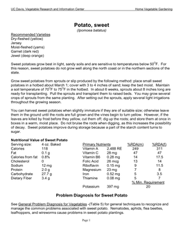 Potato, Sweet (Ipomoea Batatus) Recommended Varieties Dry-Fleshed (Yellow) Jersey Moist-Fleshed (Yams) Garnet (Dark Red) Jewel (Deep Orange)