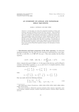 AN OVERVIEW on LINEAR and NONLINEAR DIRAC EQUATIONS 1. Introduction and Basic Properties of the Dirac Operator. in Relativistic