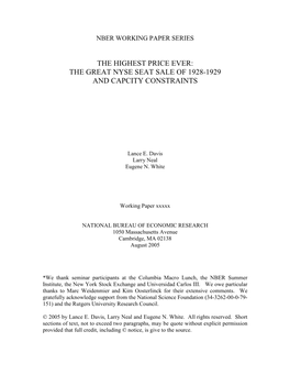 The Highest Price Ever: the Great Nyse Seat Sale of 1928-1929 and Capcity Constraints