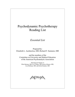 Psychodynamic Psychotherapy Reading List