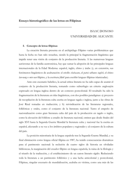 Ensayo Historiográfico De Las Letras En Filipinas ______ISAAC DONOSO UNIVERSIDAD DE ALICANTE