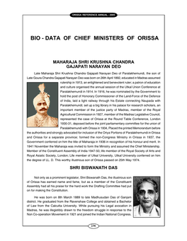 Bio - Data of Chief Ministers of Orissa