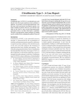 Citrullinemia Type I - a Case Report F Mohsina, S Mahbubab, T Begumc, NC Sahad, K Azade, N Naharf