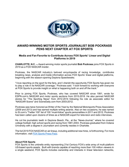 Award-Winning Motor Sports Journalist Bob Pockrass Pens Next Chapter at Fox Sports