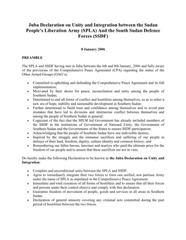Juba Declaration on Unity and Integration Between the Sudan People’S Liberation Army (SPLA) and the South Sudan Defence Forces (SSDF)