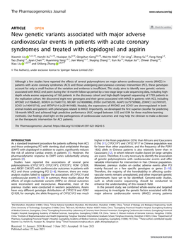 New Genetic Variants Associated with Major Adverse Cardiovascular Events in Patients with Acute Coronary Syndromes and Treated with Clopidogrel and Aspirin