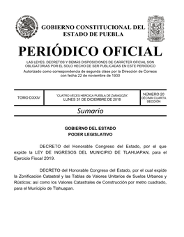 LEY DE INGRESOS DEL MUNICIPIO DE TLAHUAPAN, Para El Ejercicio Fiscal 2019