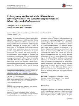 Hydrodynamic and Isotopic Niche Differentiation Between Juveniles of Two Sympatric Cryptic Bonefishes, Albula Vulpes and Albula Goreensis