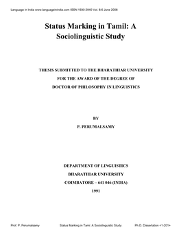 Status Marking in Tamil: a Sociolinguistic Study