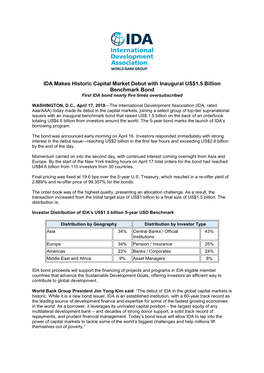 IDA Makes Historic Capital Market Debut with Inaugural US$1.5 Billion Benchmark Bond First IDA Bond Nearly Five Times Oversubscribed